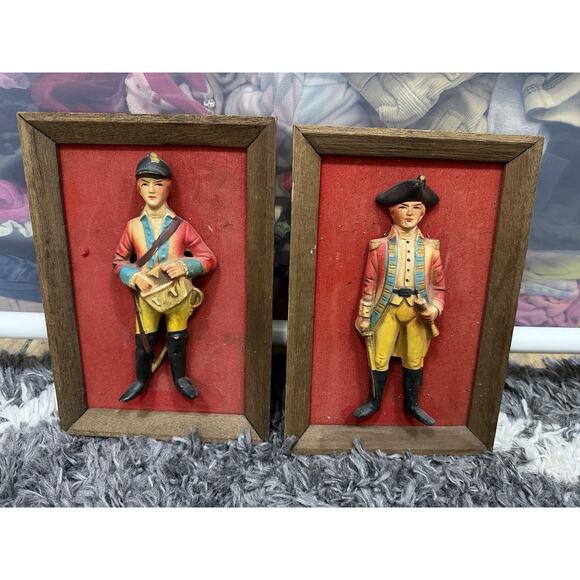 Two Vintage Revolutionary War Wall Figures Wood Frame Militia 9.5” X 6.5” - Picture 1 of 5